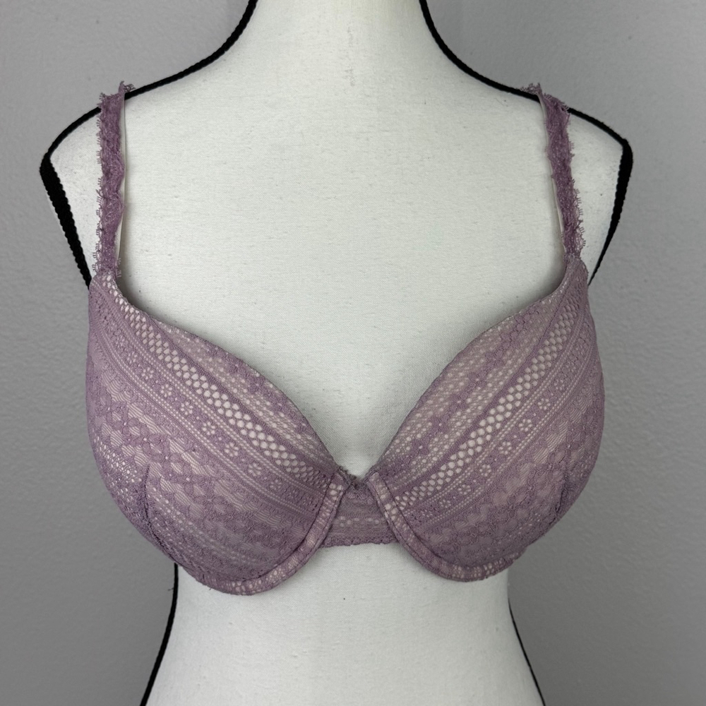 Victoria's Secret Lined Demi T-Shirt Bra 36DD Purple Floral Lace Underwire Mesh
